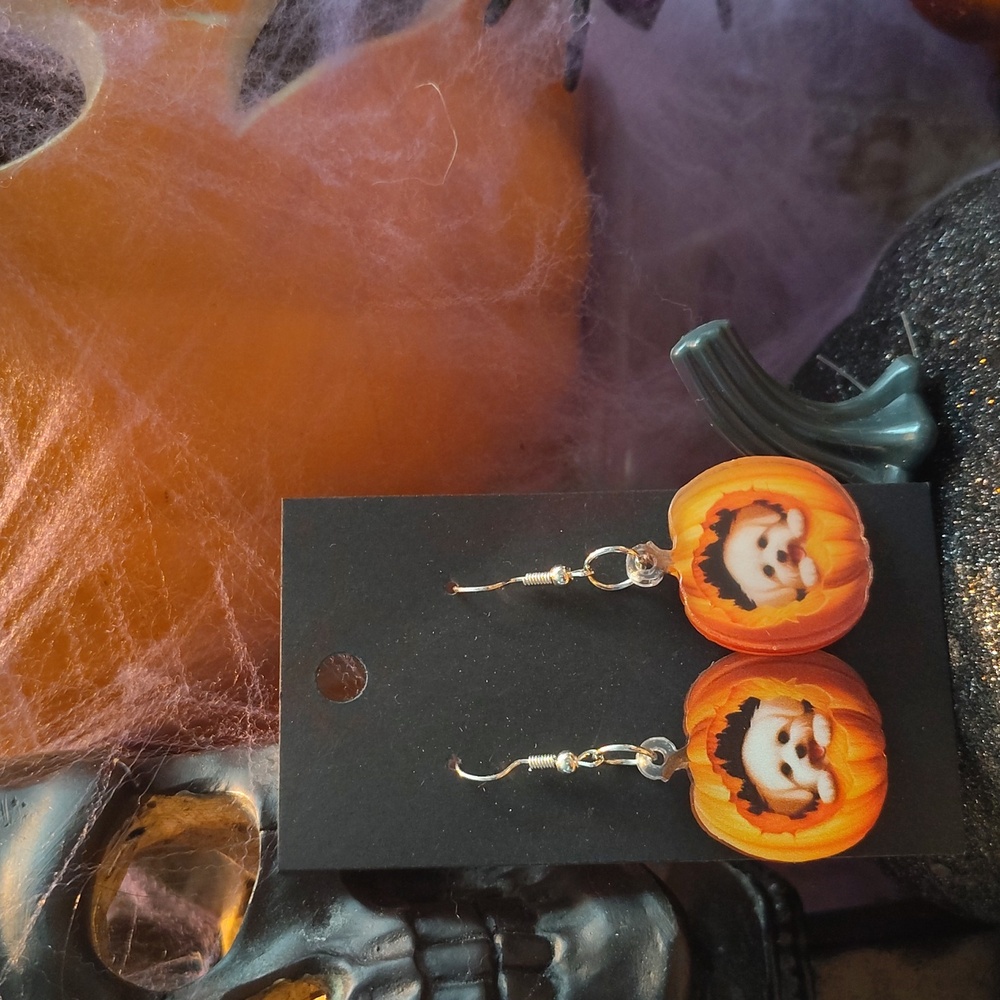 🎃Cute Pumpkin Dog Acrylic Dangle Earrings  Super Light!
